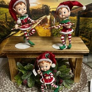 Candy Cane Retro Elf Trio VHTF in good condition set of (3) ornaments(deco)